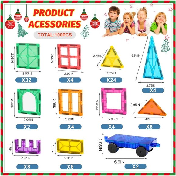 100PCS Magnetic Tiles Blocks for Kids Ages 3-5 4-8 with 2 Cars,STEM Learning Edu - Picture 6 of 8